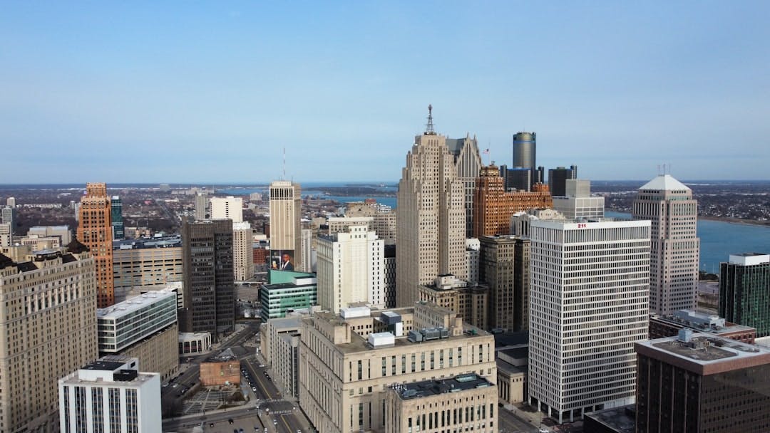 Skyline of Detroit, Michigan with Belle Isle in the background